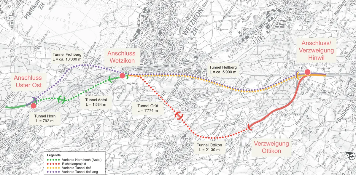 Für die Schliessung der Lücke in der Oberlandautobahn zwischen Uster Ost und dem Betzholzkreisel stehen Mitte 2026 noch vier Varianten zur Diskussion. Karte mit Varianten der Linienführung der Oberlandautobahn , Stand Juli 2026.